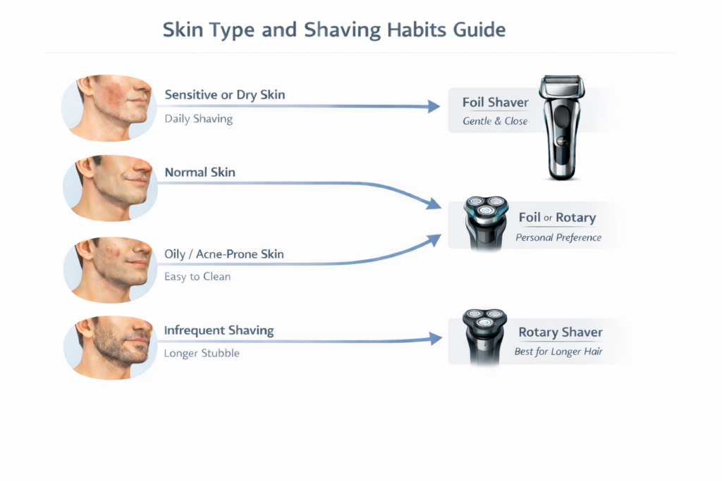 Skin type and shaving habits guide showing when to choose a foil shaver vs rotary shaver based on sensitive, normal, oily skin and shaving frequency.