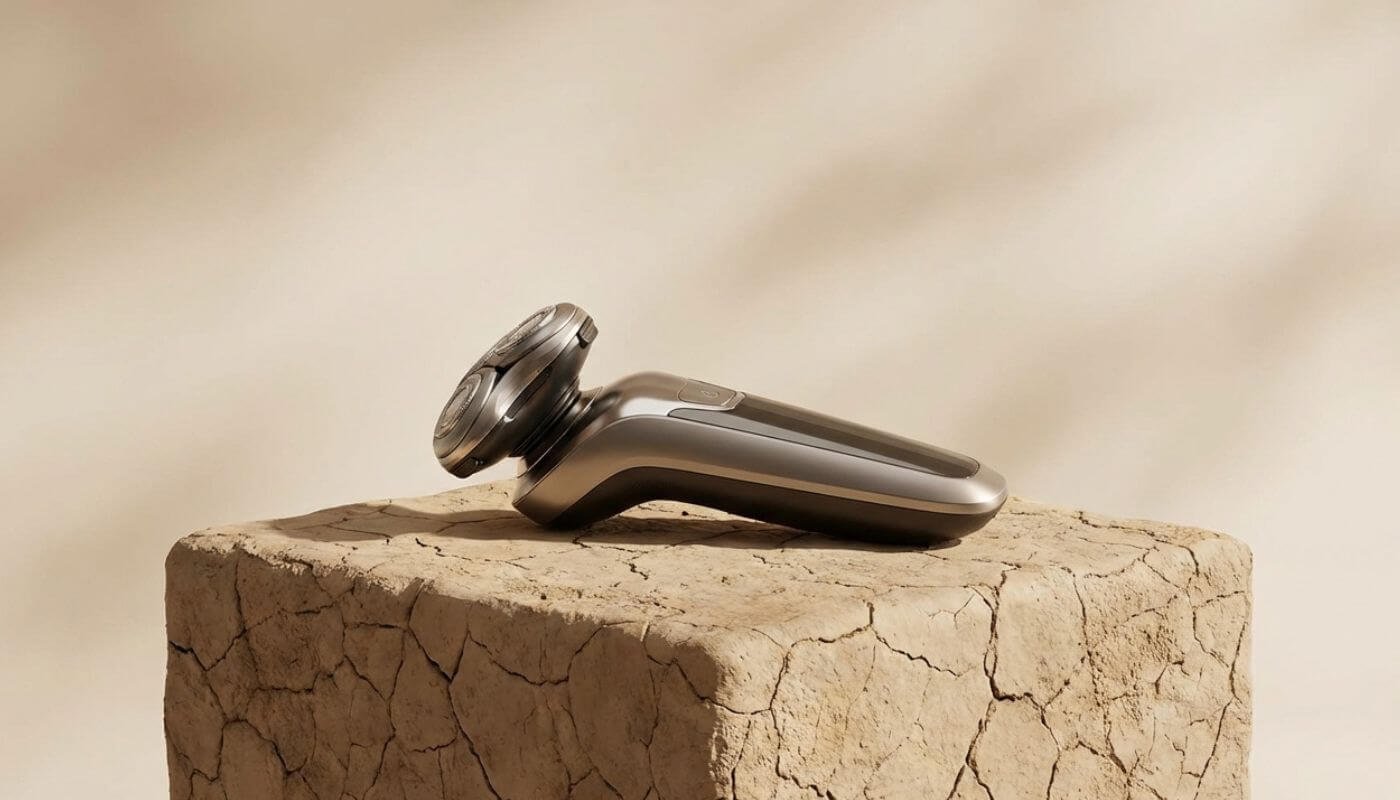 Best electric razor for dry shaving displayed on cracked stone pedestal