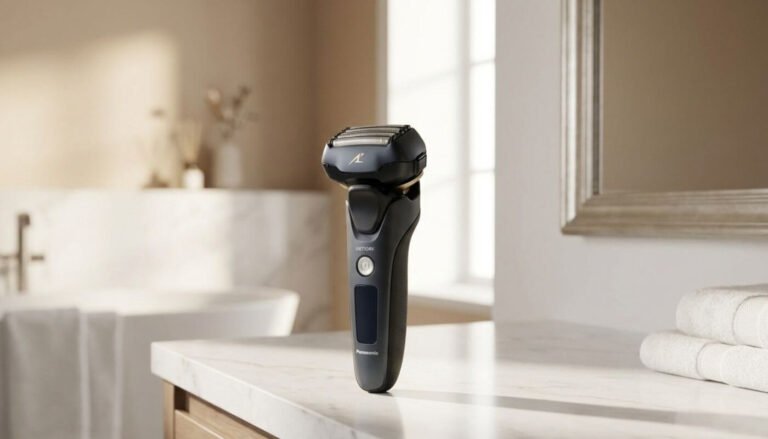 Panasonic ARC5 electric razor shown in upright position on bathroom counter