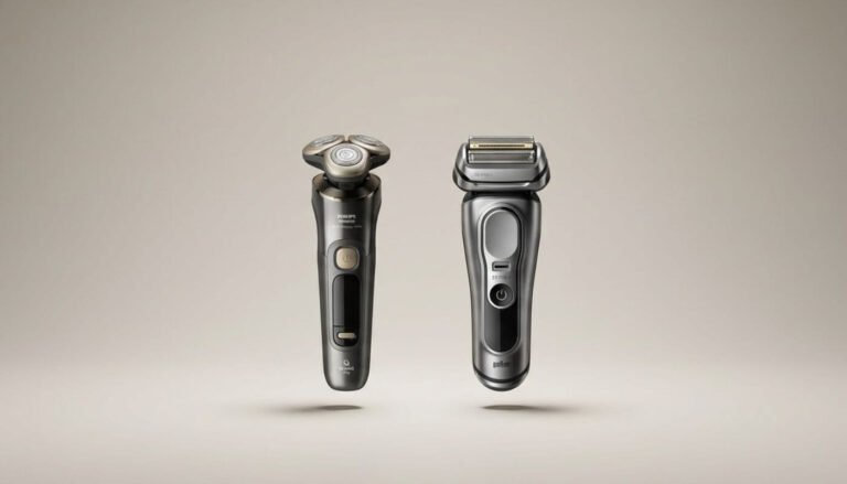 Braun Series 9 Pro Plus foil shaver next to Philips Norelco i9000 Prestige Ultra rotary electric razor