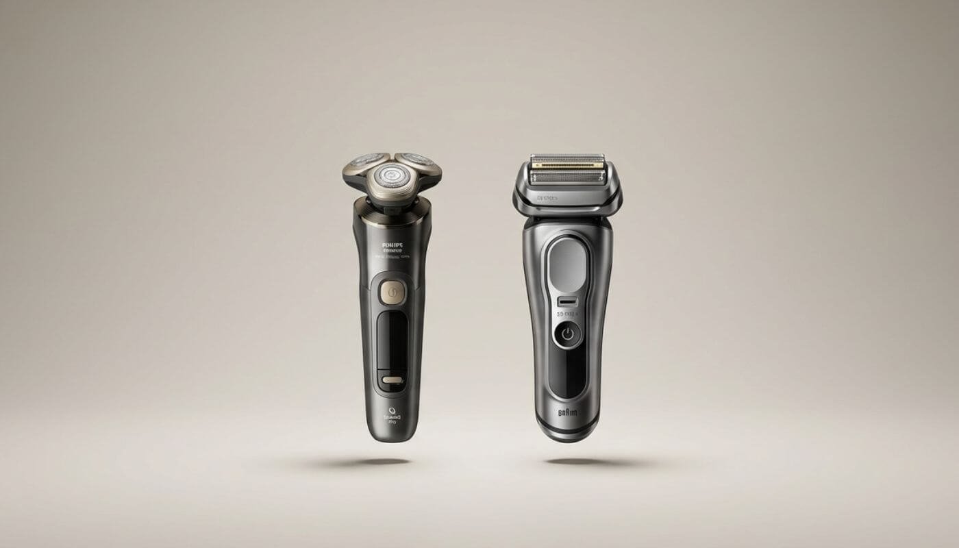 Braun Series 9 Pro Plus foil shaver next to Philips Norelco i9000 Prestige Ultra rotary electric razor